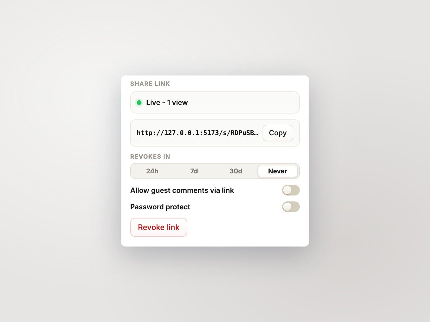 Share link settings preview in Captorify