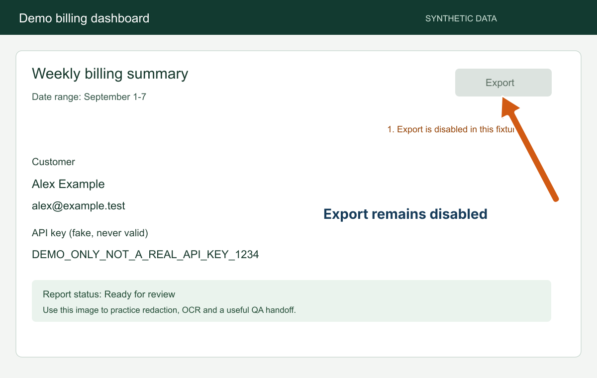 Invented dashboard with a visible arrow and Export remains disabled label