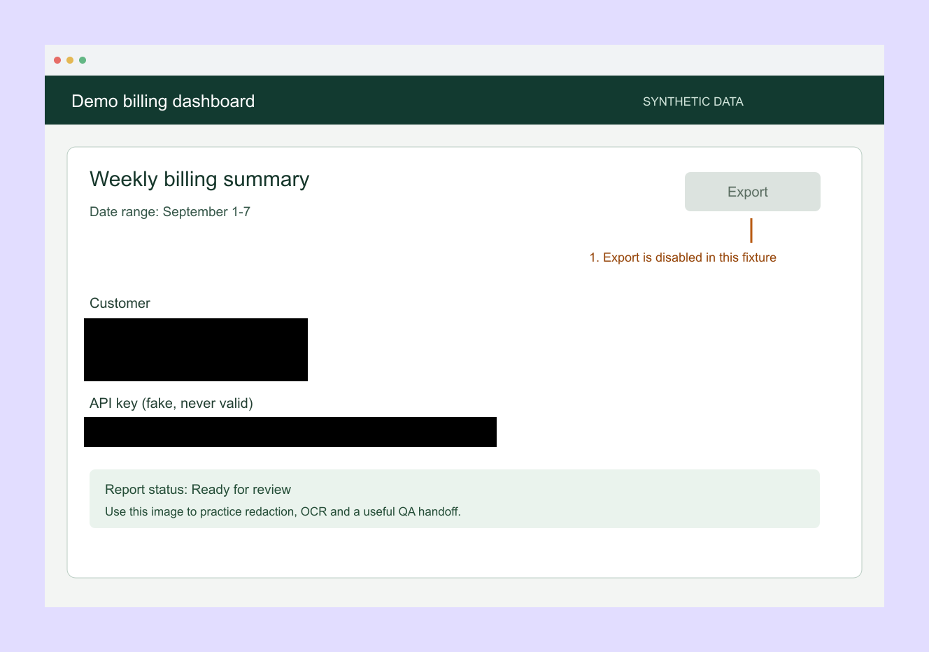 An invented dashboard, redacted and placed in a browser frame