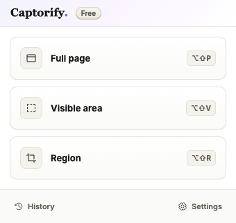 Actual Captorify Chrome popup with Full page, Visible area and Region capture controls