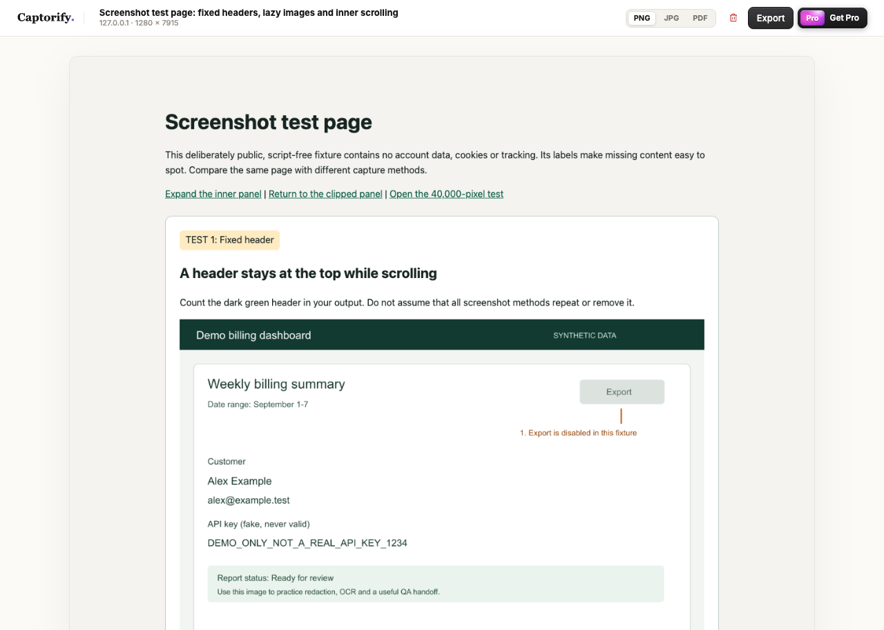 Captorify Chrome result page showing the captured fictional page and export toolbar