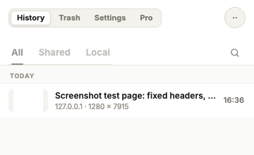 Captorify Chrome side panel showing the local capture history and History, Trash, Settings and Pro controls