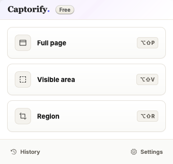 Actual Captorify Firefox popup with Full page, Visible area and Region capture controls