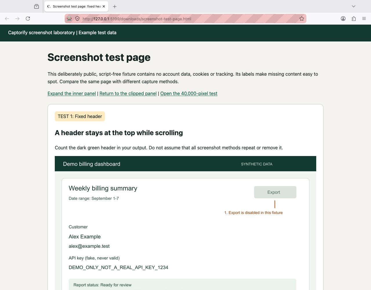 Firefox window during the verified Take Screenshot menu action; the menu popup is omitted by this recorder
