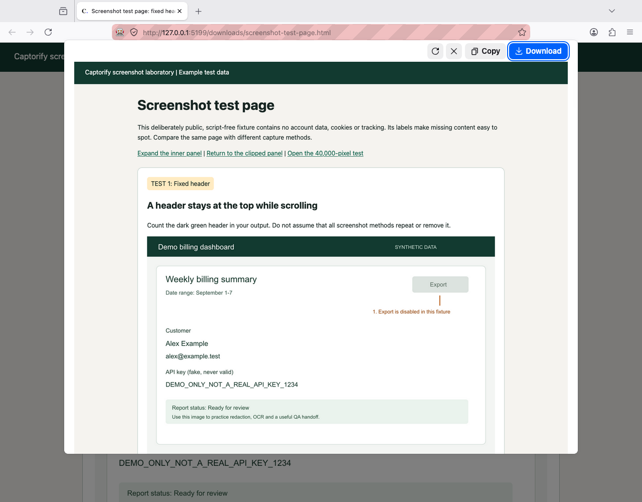 Firefox native full-page screenshot preview with Copy and Download controls