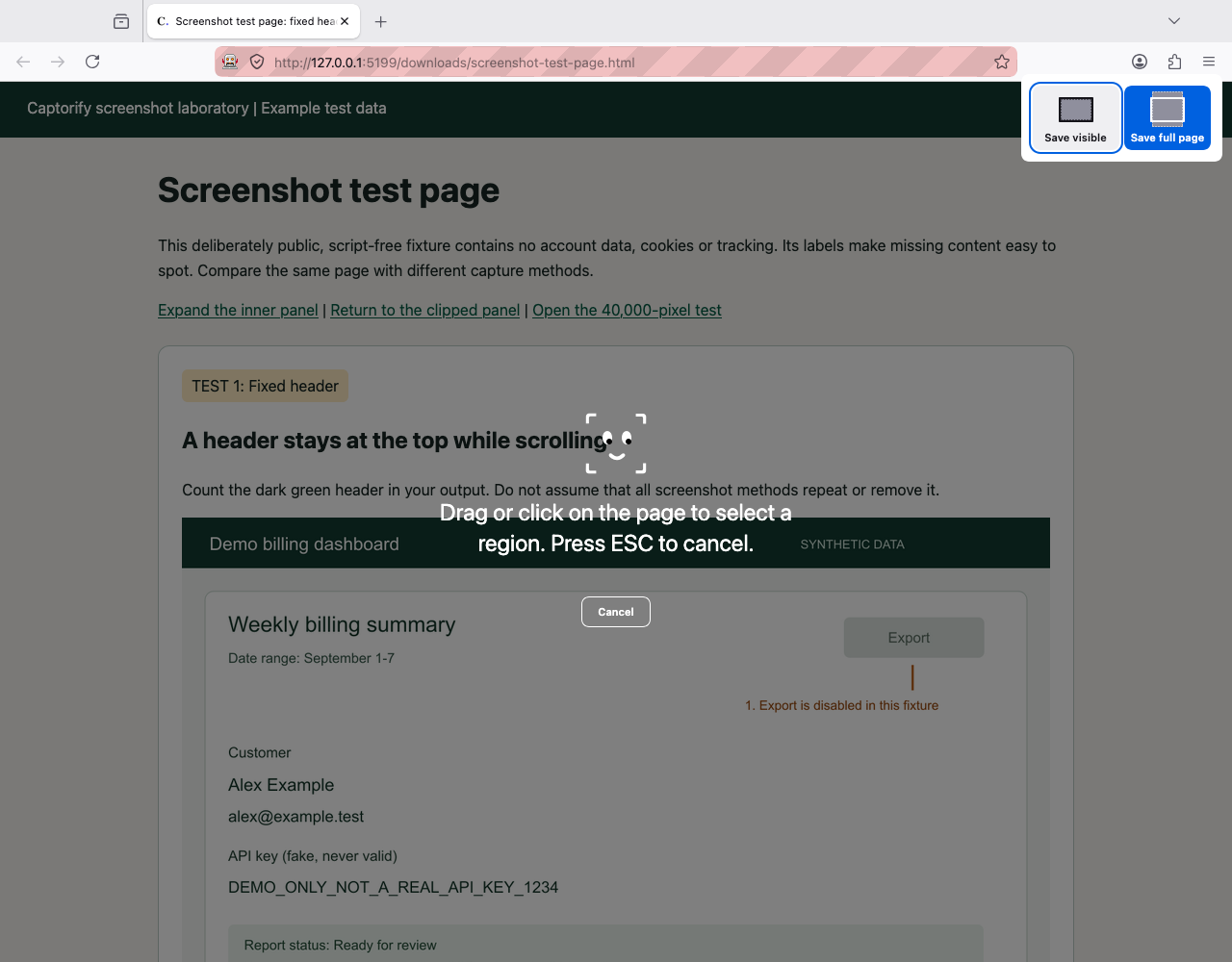 Firefox built-in screenshot selection showing Save full page and Save visible