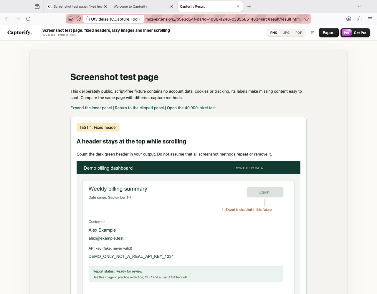 Firefox browser window displaying the actual Captorify capture result and export controls