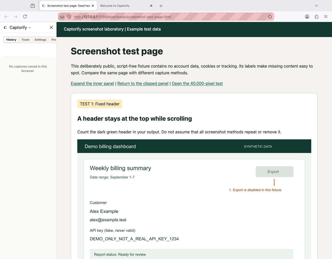 Captorify Firefox sidebar beside the fictional screenshot test page in the actual browser window