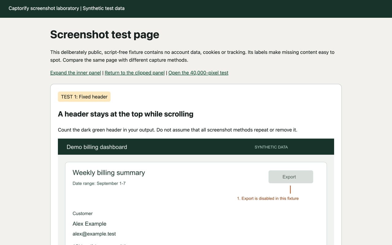 Example capture test page with a fixed header and a demonstration billing dashboard