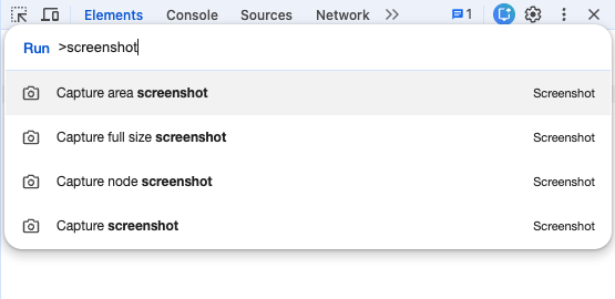 Actual Chrome DevTools screenshot command menu with Capture full size screenshot
