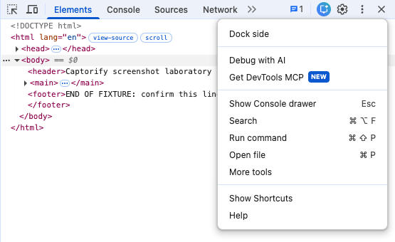 Actual Chrome DevTools three-dot menu with Run command visible
