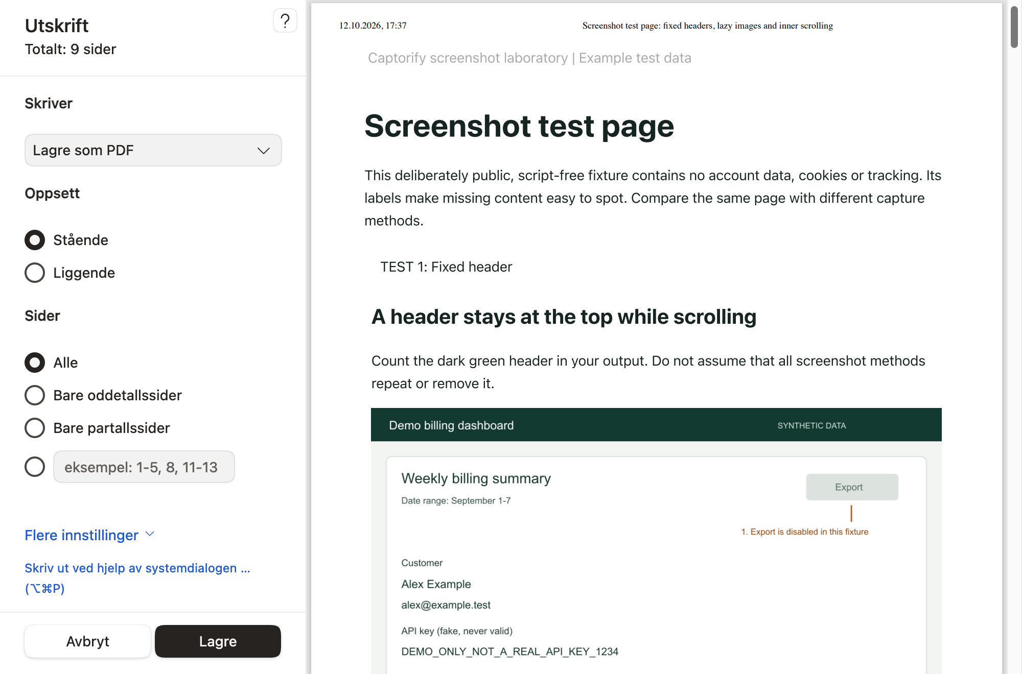 Actual Edge native print preview with Norwegian Save as PDF and Save controls and a nine-page total