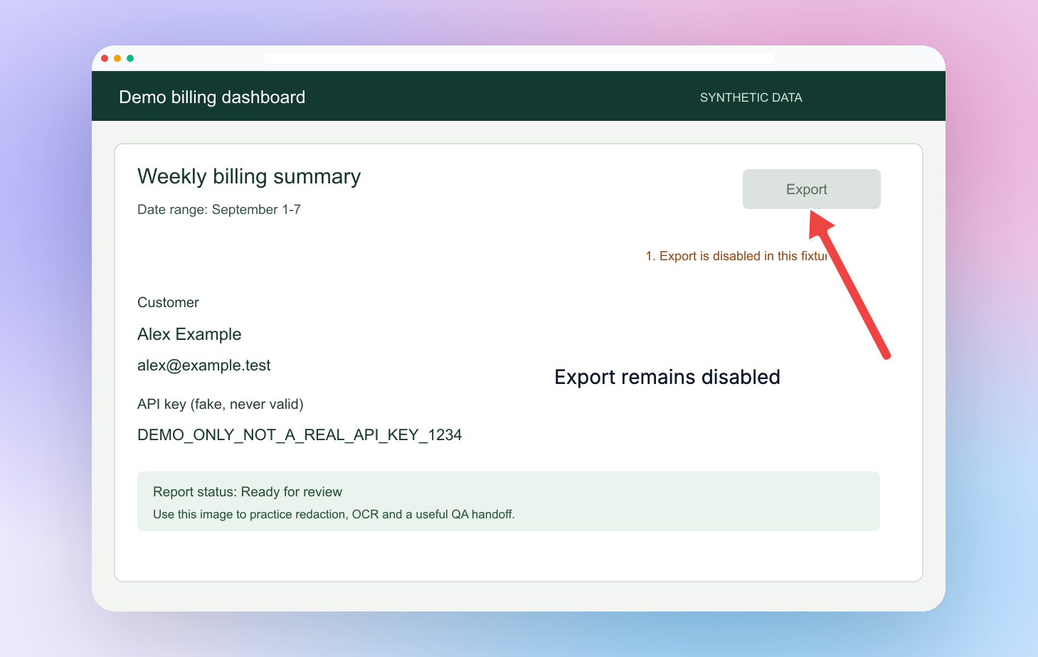 Fictional dashboard with an Export callout inside a light browser frame on a lavender background