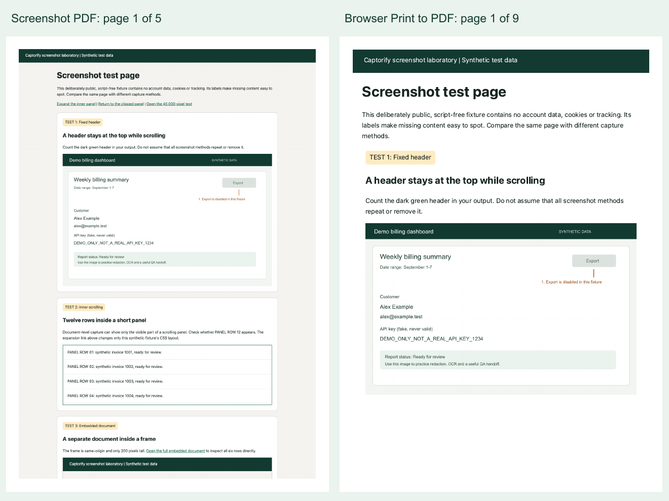 First pages of the same example webpage saved as a screenshot PDF and through browser printing