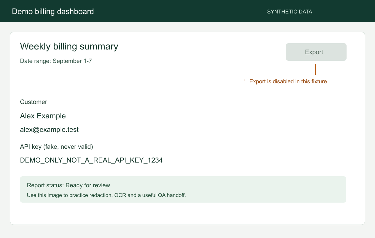 Example billing dashboard with an invented email address, a fake API key and a disabled Export button