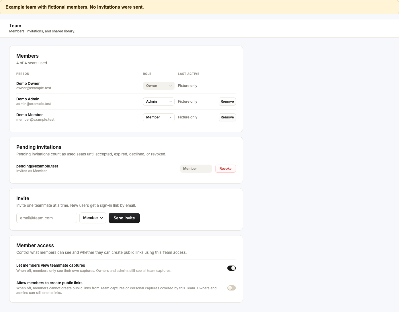 Team page test UI with fictional member rows and member-access controls