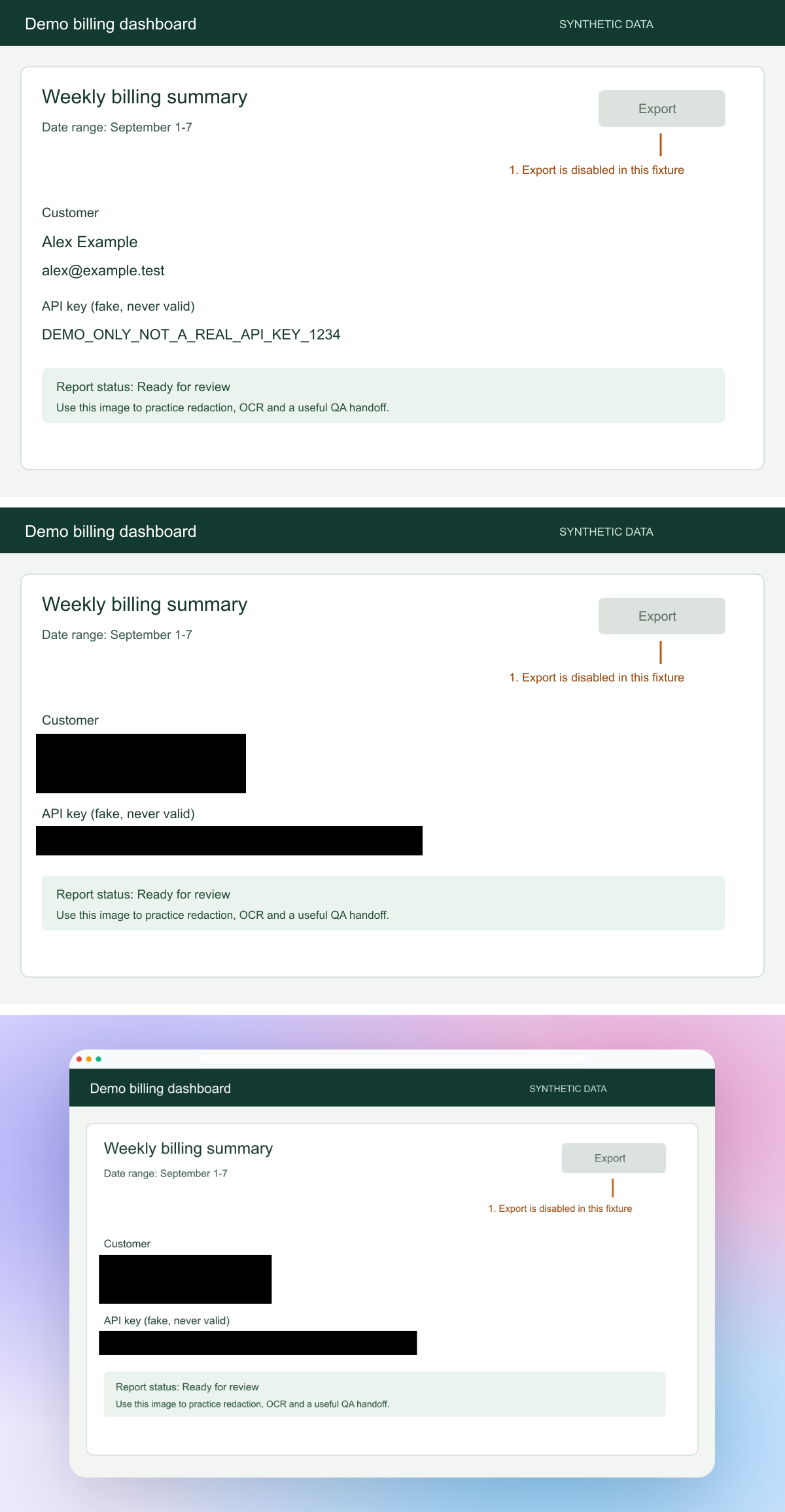 Three complete fictional dashboard screenshots arranged vertically with white gaps